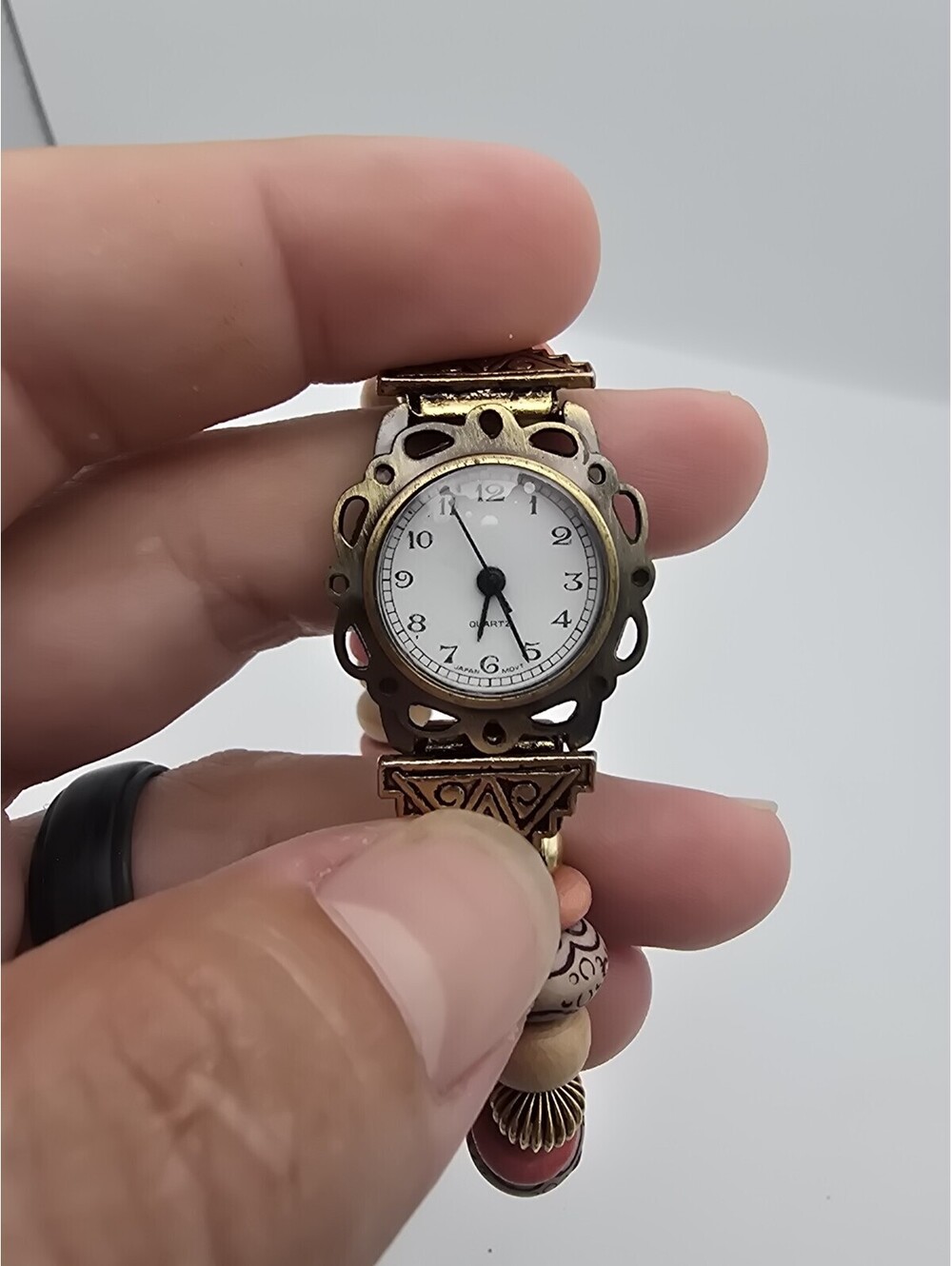 Womens Beaded Bracelet Watch Gold Tone Filigree Case White Dial Japan Quartz